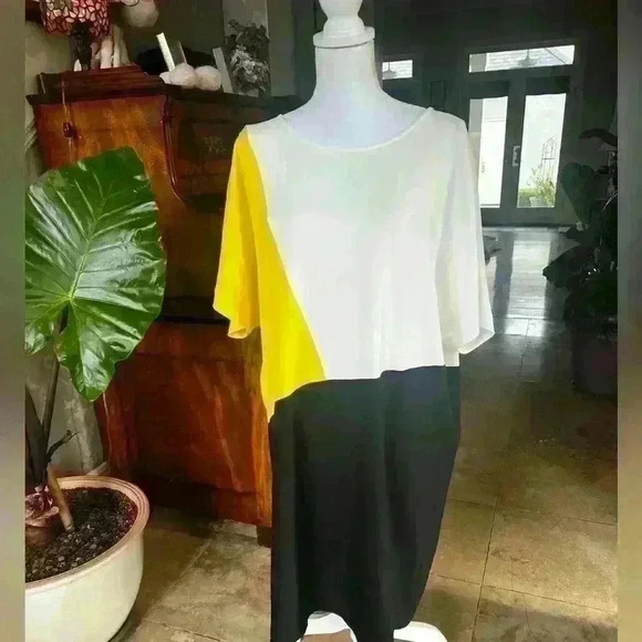 DKNY dress. Size XL ladies color block NWY black yellow white Flowy Airy - Picture 7 of 12